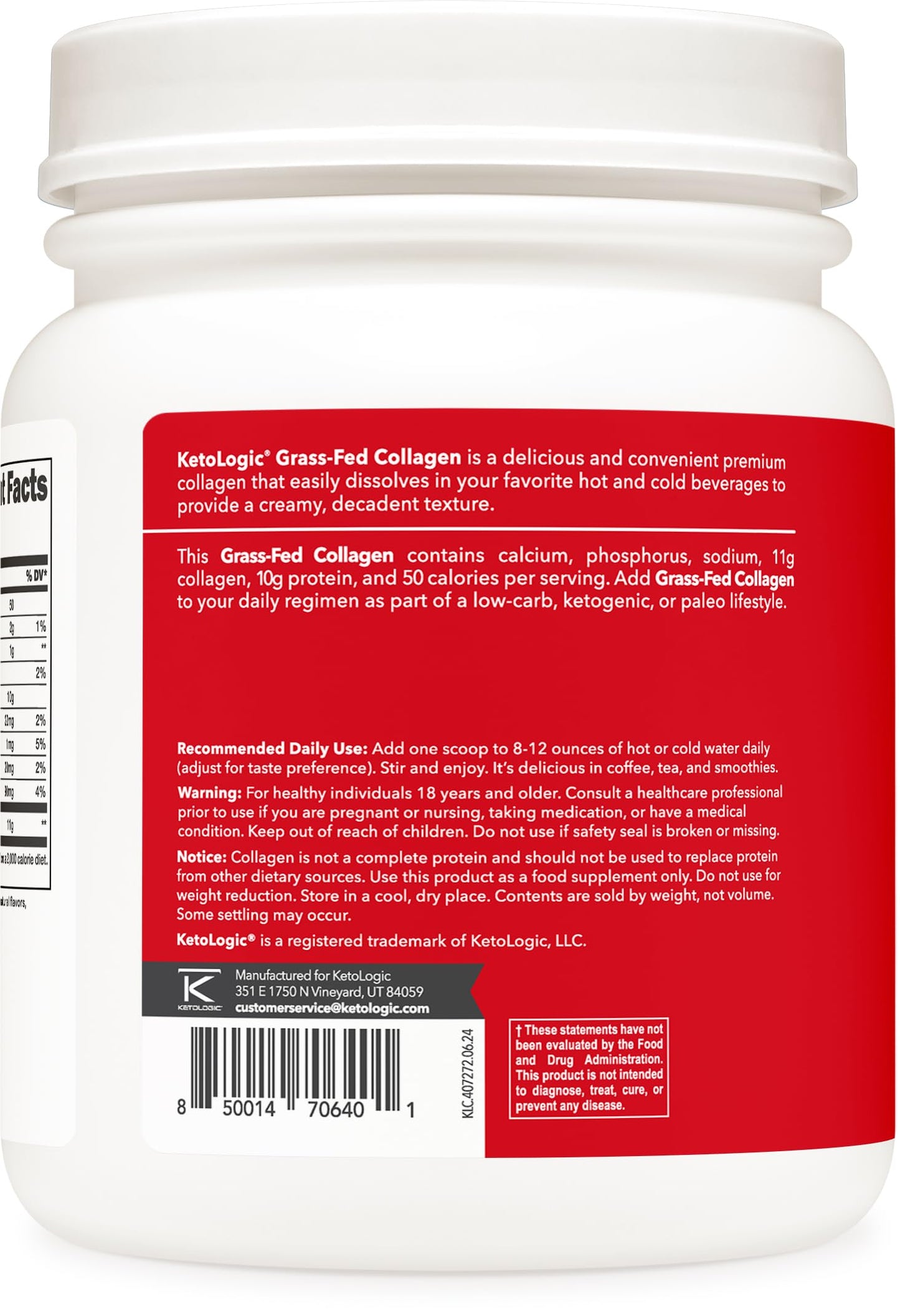 Ketologic Grass Fed Collagen Powder Chocolate Flavor 16.2 oz