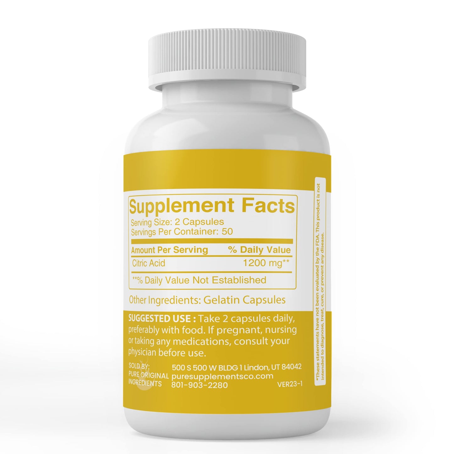 PURE ORIGINAL INGREDIENTS Citric Acid Capsules 100 Capsules