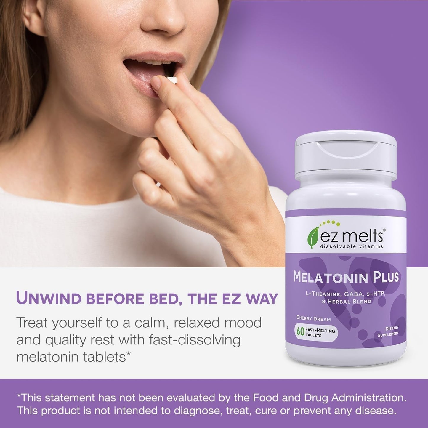EZ Melts Melatonin Plus - Calming & Sleep Support Supplement with Lemon Balm Extract & Passion Flower - Cherry Dream 120 Tablets