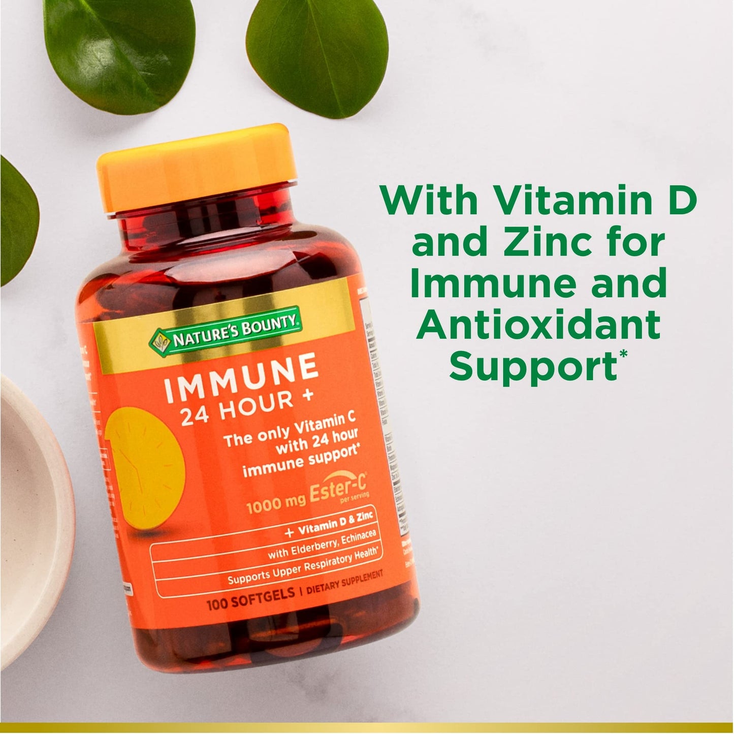 Nature's Bounty Vitamin C 24 Hour Immune Support with Zinc and Vitamin D Ester-C 1000mg Softgels, 100 Count