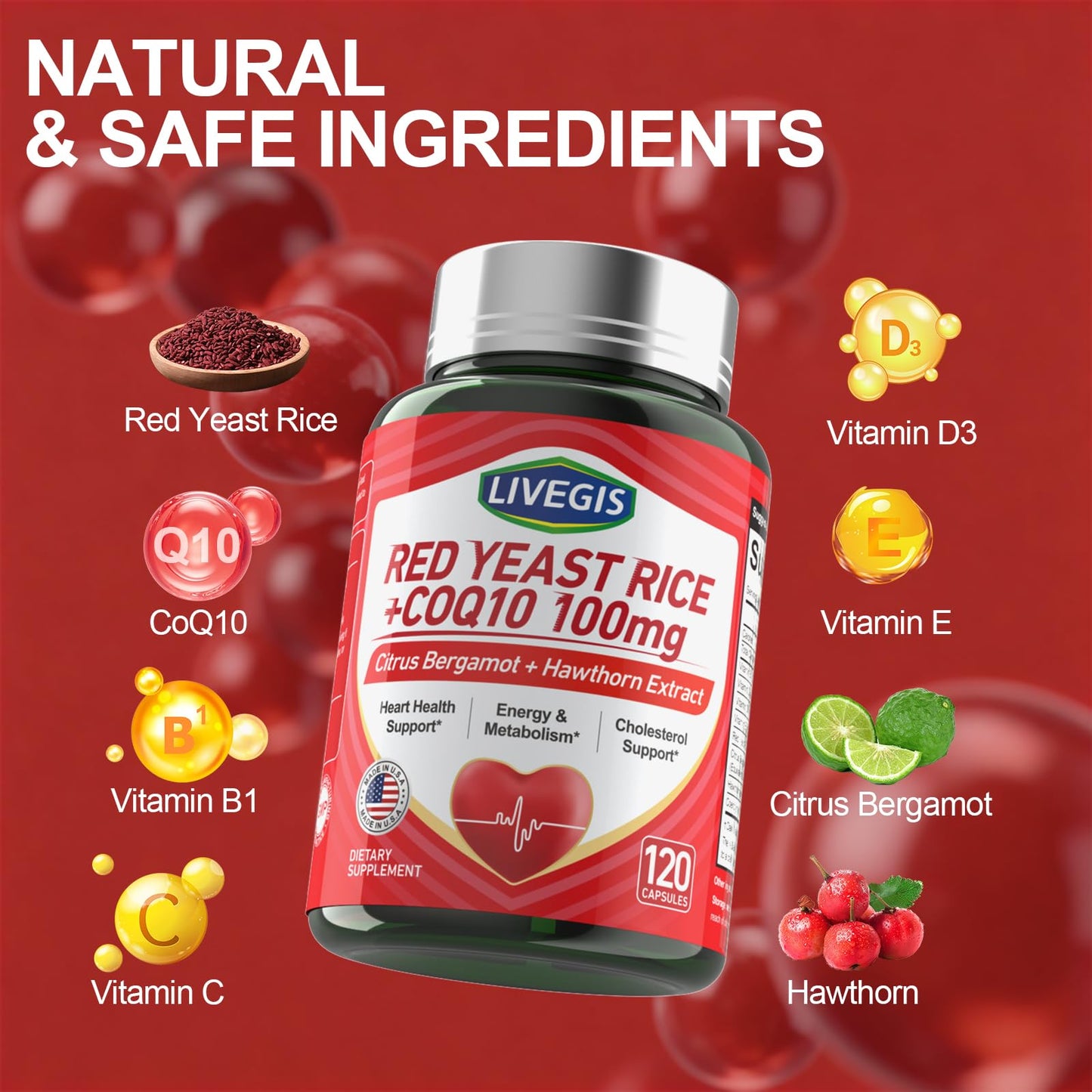LIVEGIS Red Yeast Rice 2000mg with CoQ10 100mg Citrinin Free Heart Health Supplement with Citrus Bergamot & Hawthorn - Supports Healthy Cholesterol Levels - Softgel 240 Count
