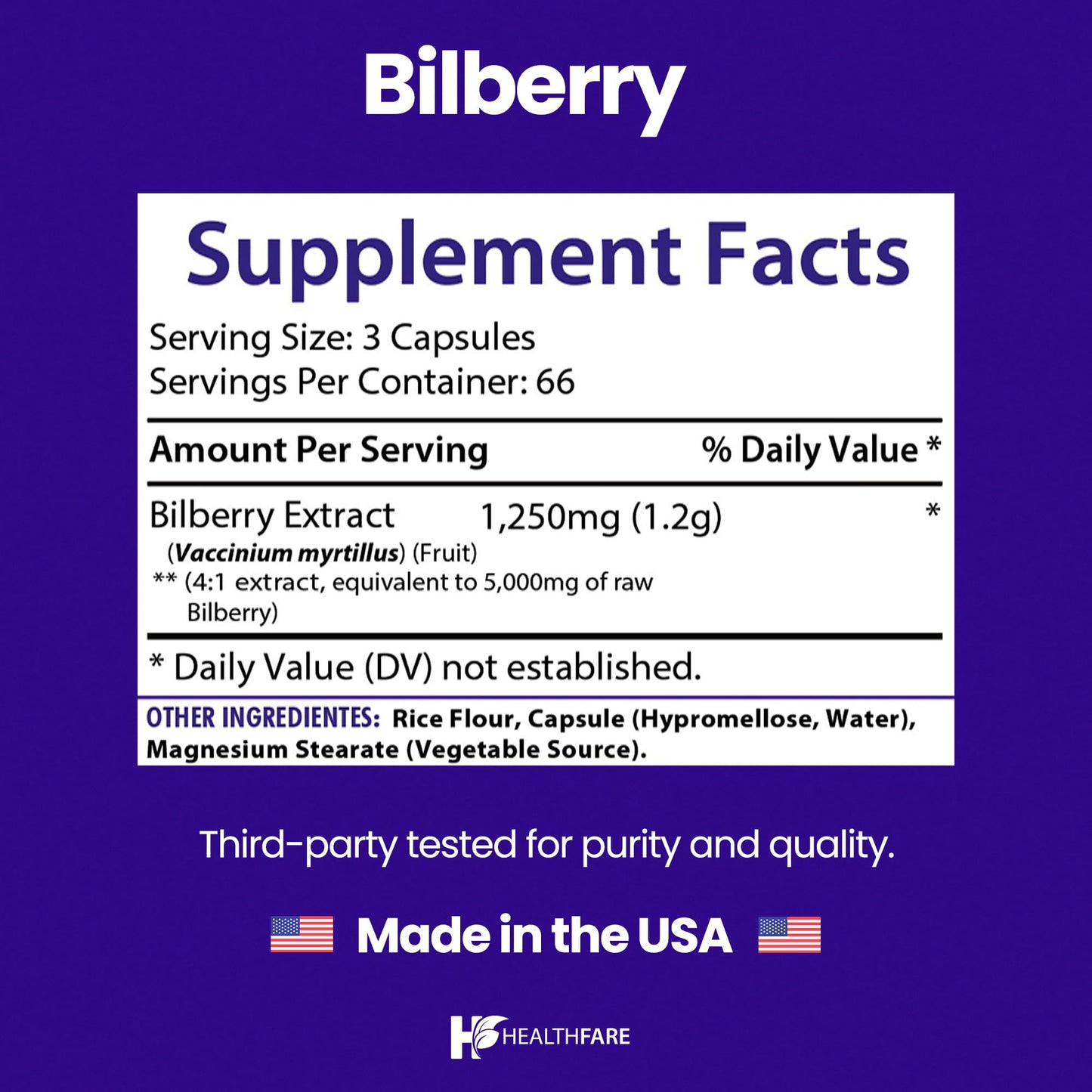 Healthfare Bilberry Supplement Capsules 200 Count