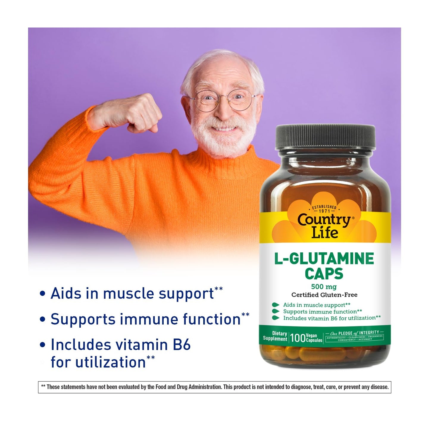 Country Life L-Glutamine 500 mg with B6 Capsule, 200 Capsules