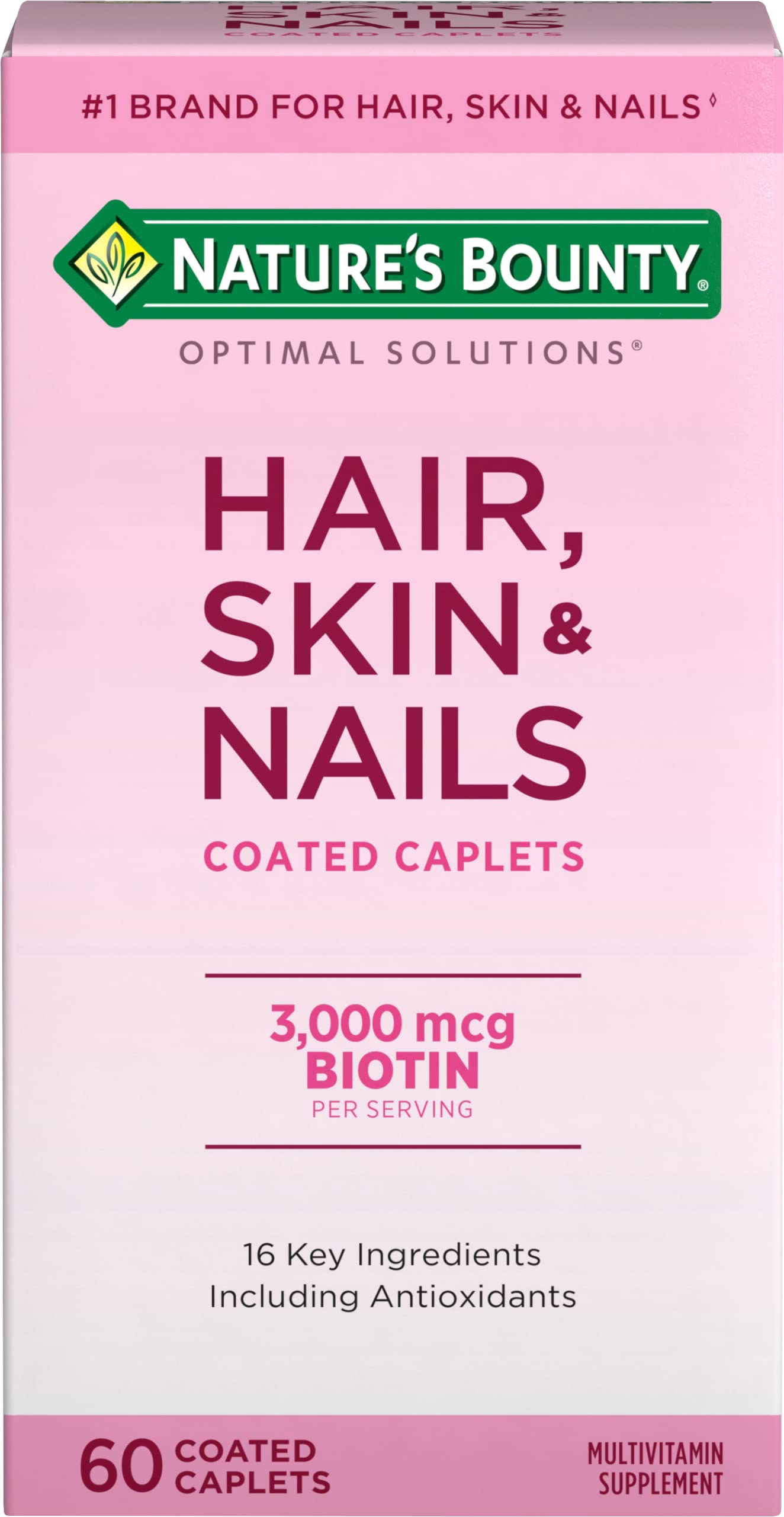 Nature's Bounty Optimal Solutions Hair, Skin & Nails Formula Caplets 60 Count, Biotin 3000 mcg