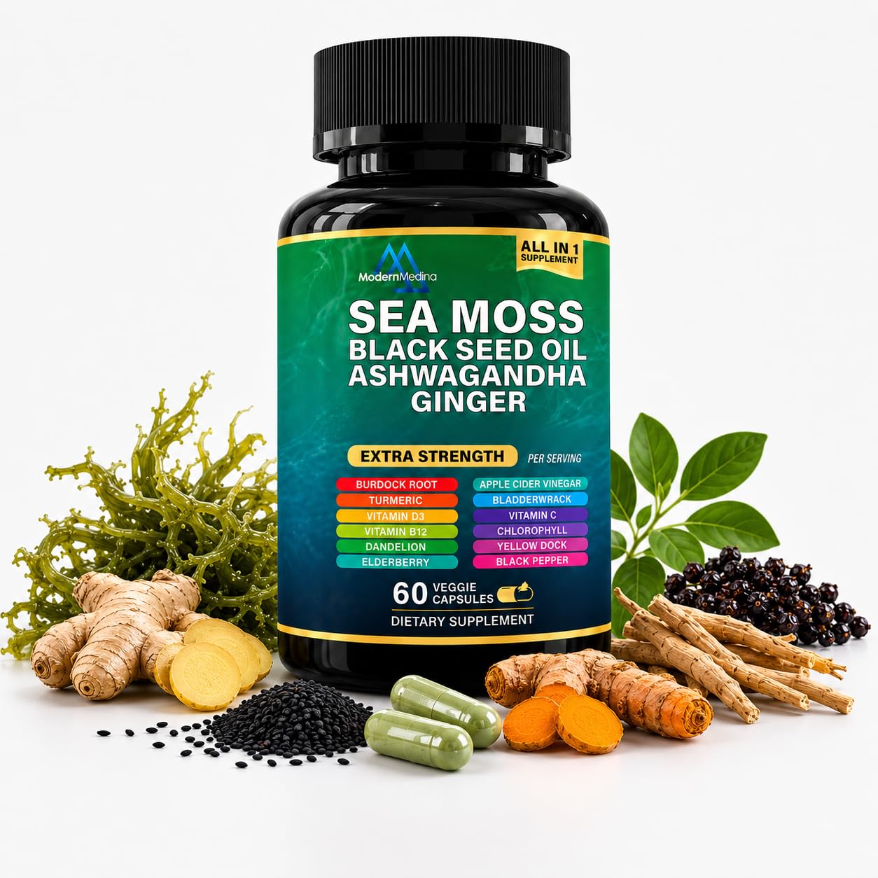 ModernMedina Sea Moss Herbal Supplement with Black Seed Oil, Ashwagandha & Ginger, 60 Capsules