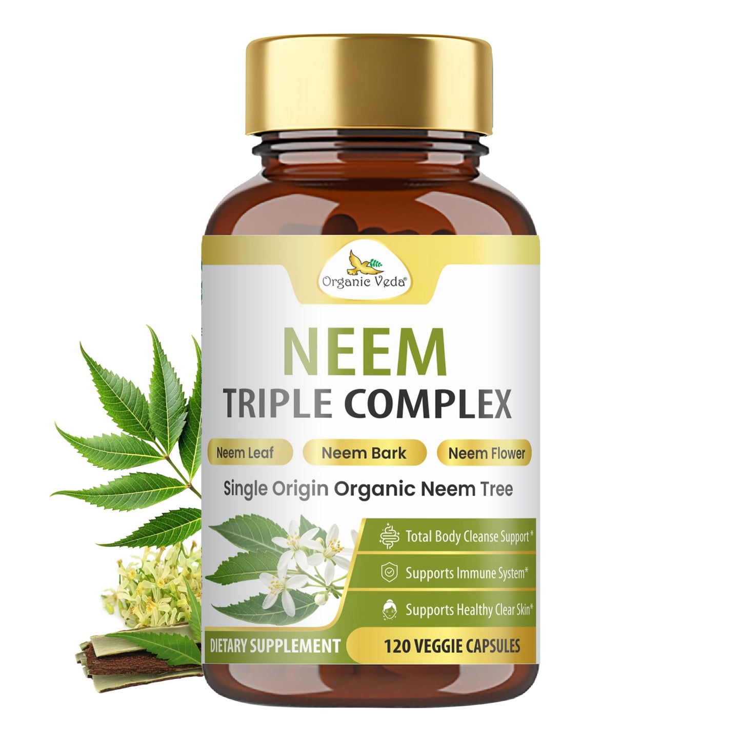 Organic Veda Neem Capsules Triple Complex Neem Leaf, Bark & Flower Extracts - Herbal Supplement for Acne, Cleanse & Clear Skin Health - Boost Immune, Gut Health for Women & Men - 120 Capsules