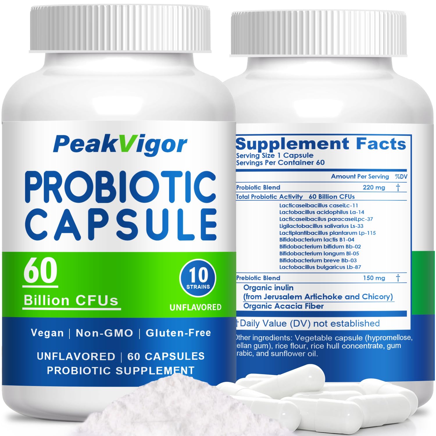 PeakVigor Probiotic Capsules for Women, 60 Billion CFU with Prebiotic Blend, Vegan, 10 Strains, Non-GMO, Gluten-Free & Easy-Swallow, 60 Capsules