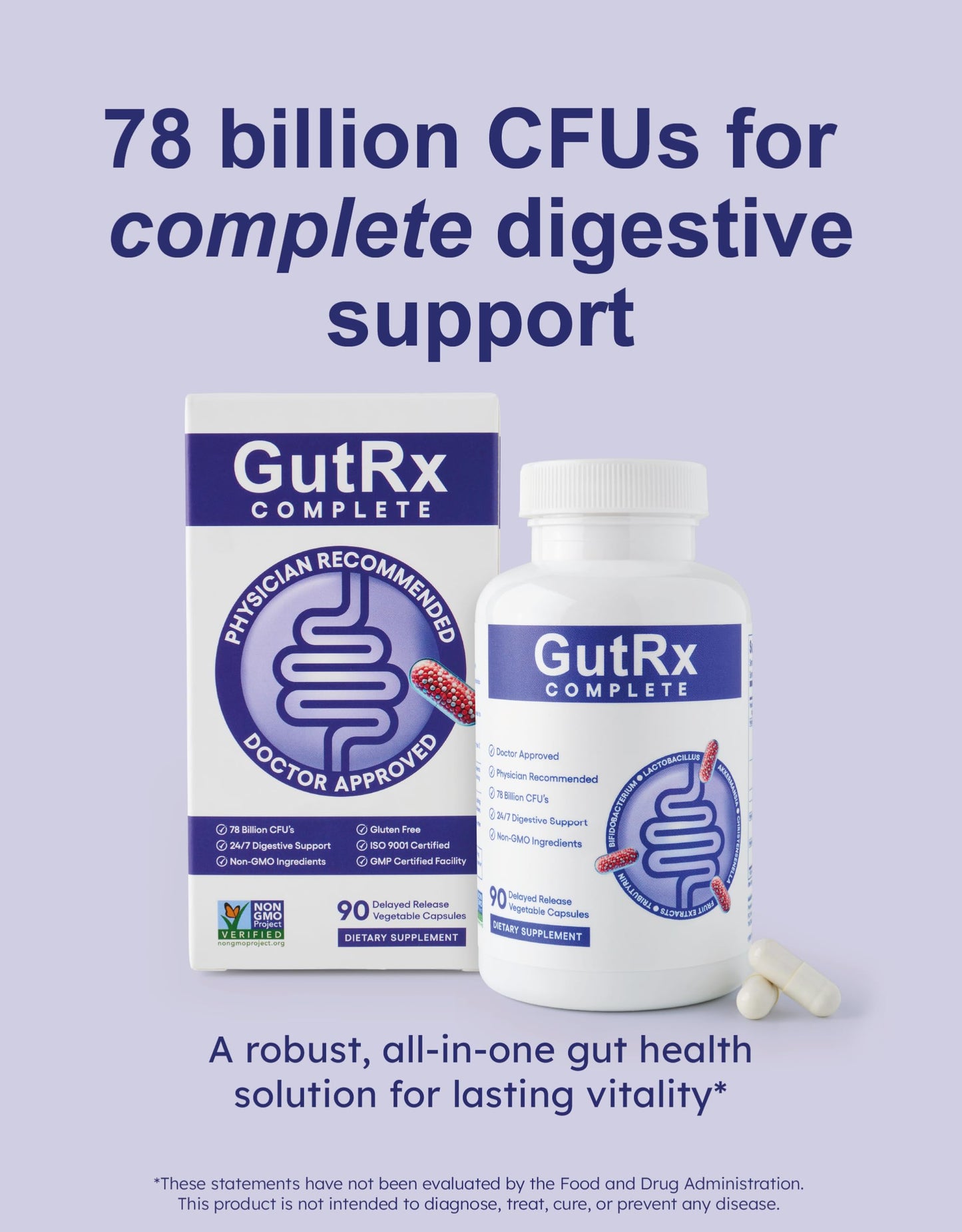 GutRx Complete Probiotic, Prebiotic, Postbiotic, GLP-1 Alternative with Akkermansia & Christensenella for Gas, Bloating, Gut Barrier & Microbiome Support, 78 Billion CFU, Enteric-Coated, 90 Capsules