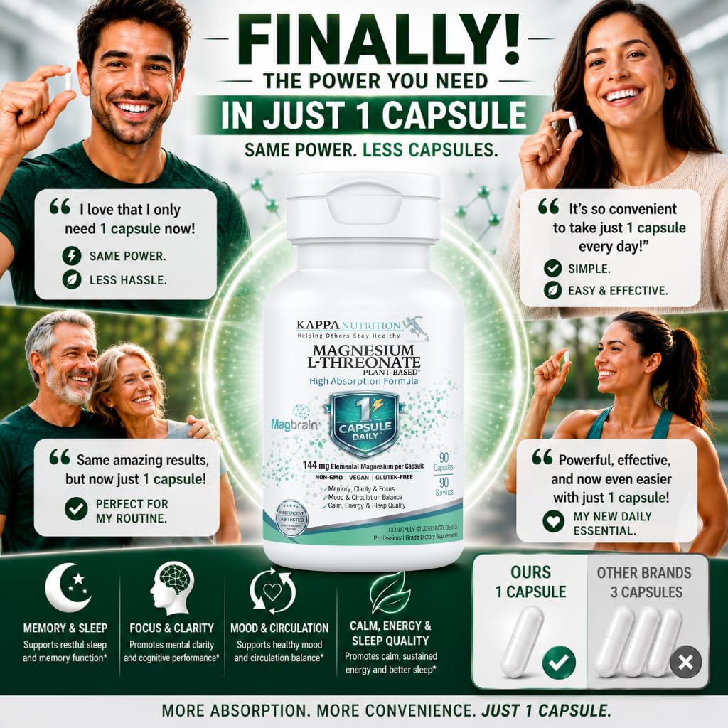 Kappa Nutrition Magbrain Plant-Derived Magnesium L-Threonate 144 mg Elemental Magnesium Brain & Nervous System Support, 60 Vegan Capsules