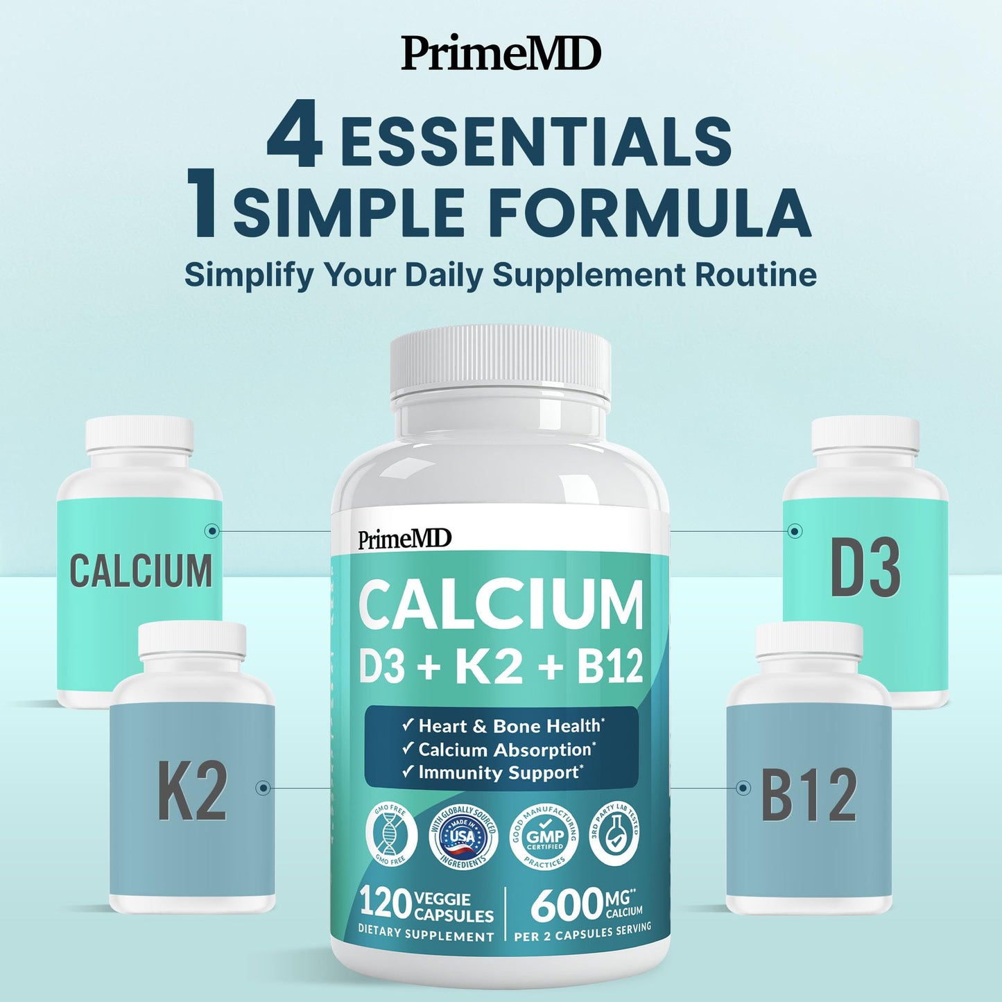 PrimeMD 4-in-1 Calcium 1200mg, Vitamin D3 K2 5000IU, Vegan Non-GMO Capsules, 480 Count