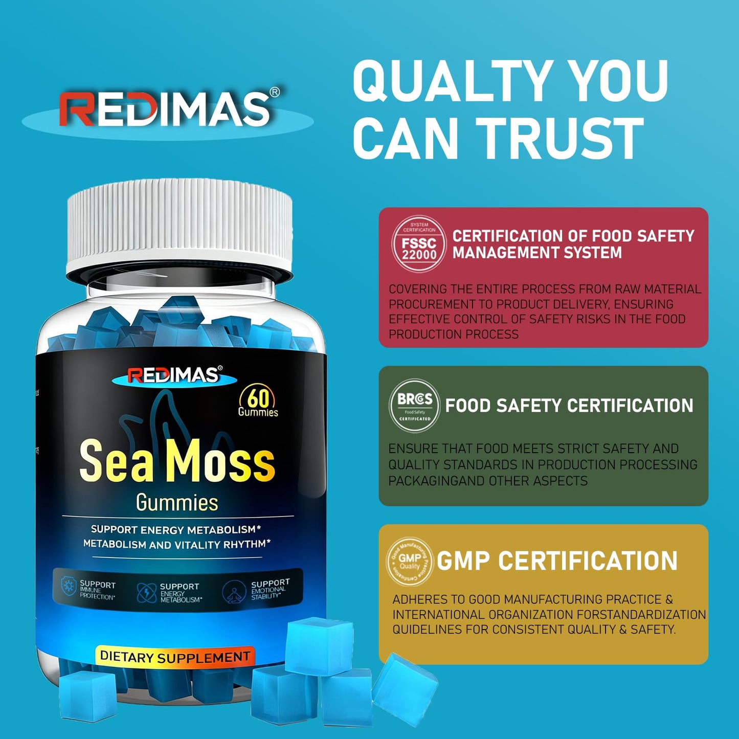 Redimas Sea Moss Gummies with Ashwagandha Root – Blueberry Flavor, Plant-Based Chewy Supplement, Daily Wellness, 60 Count