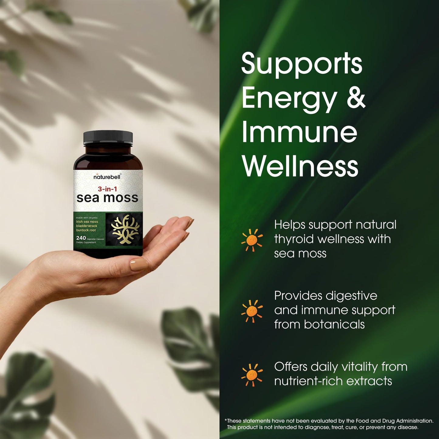 NatureBell 3-in-1 Sea Moss Complex with Organic Bladderwrack & Organic Burdock Root Capsules, 240 Count