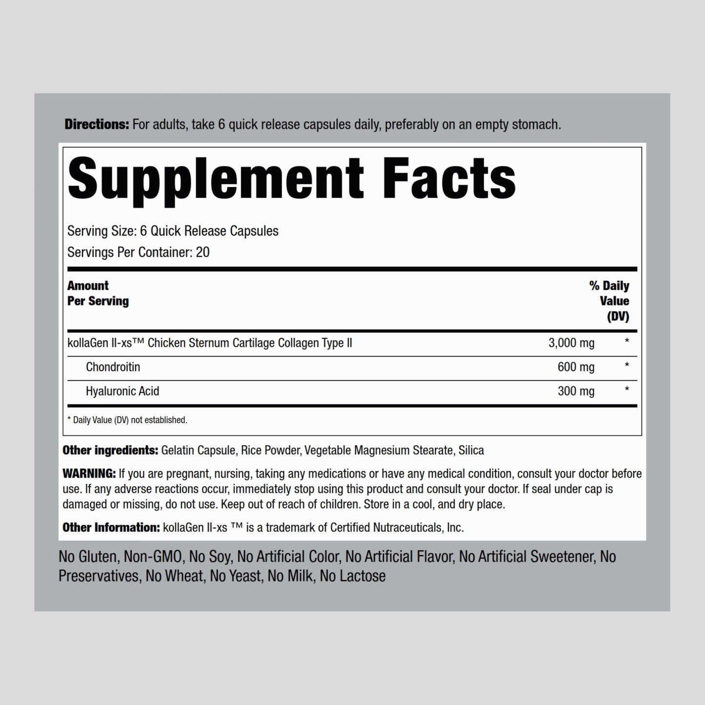 Piping Rock Chicken Sternum Type II Collagen Supplement 3000mg Capsules 120 Count