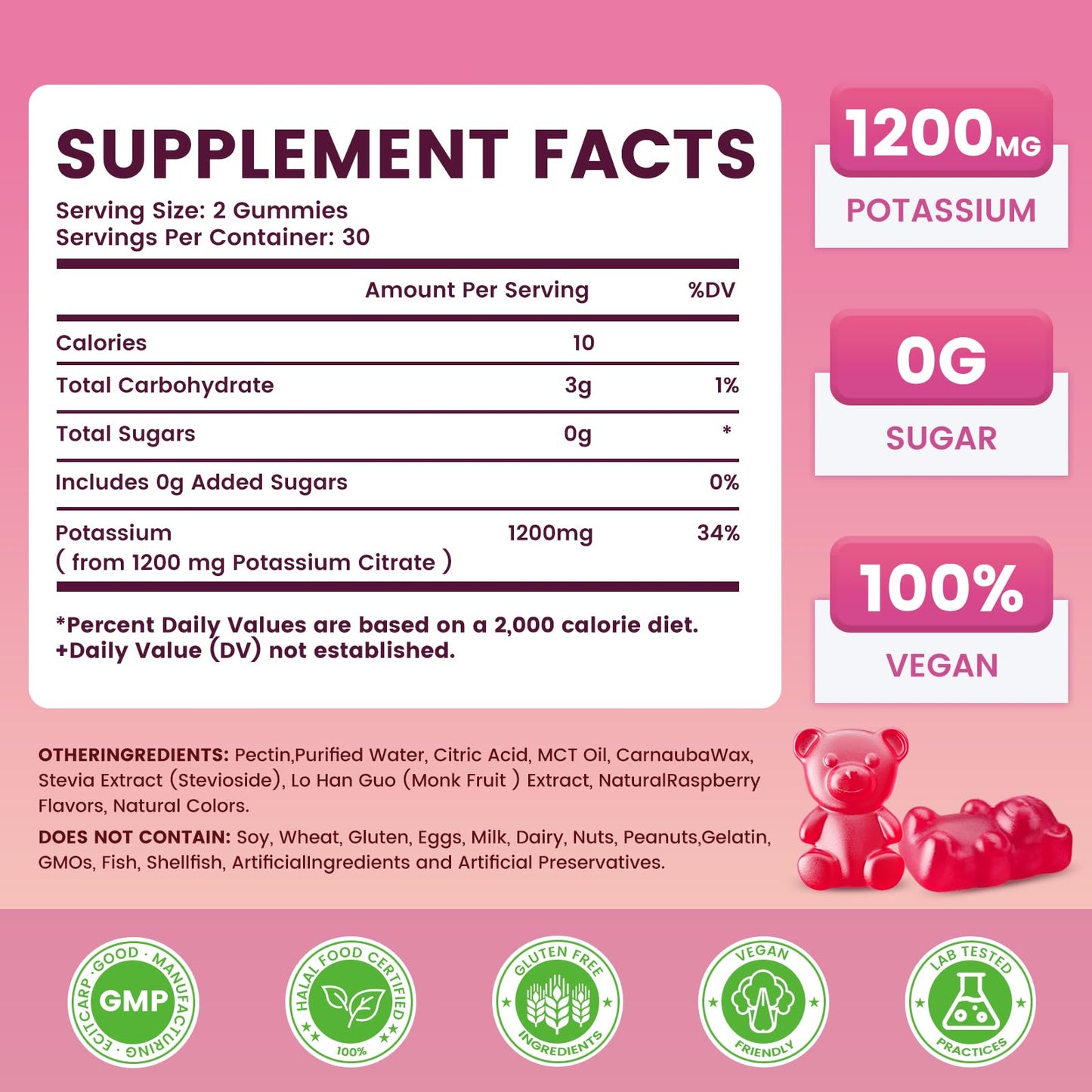 Jabsah Potassium Citrate Gummies 1200mg, Sugar-Free Potassium Supplement, Raspberry Flavor, Vegan, Gluten Free, for Adults, Women & Men, 60 Gummies
