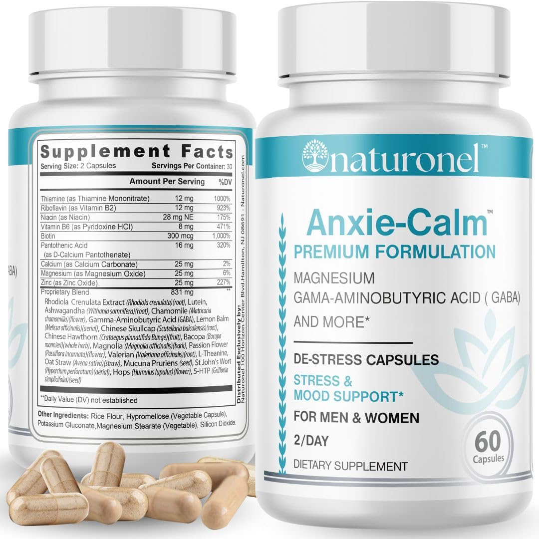 Naturonel Anxie-Calm – Stress & Mood Support with Magnesium, GABA, Ashwagandha, Rhodiola, Lemon Balm & Chamomile Capsule, 60 Count