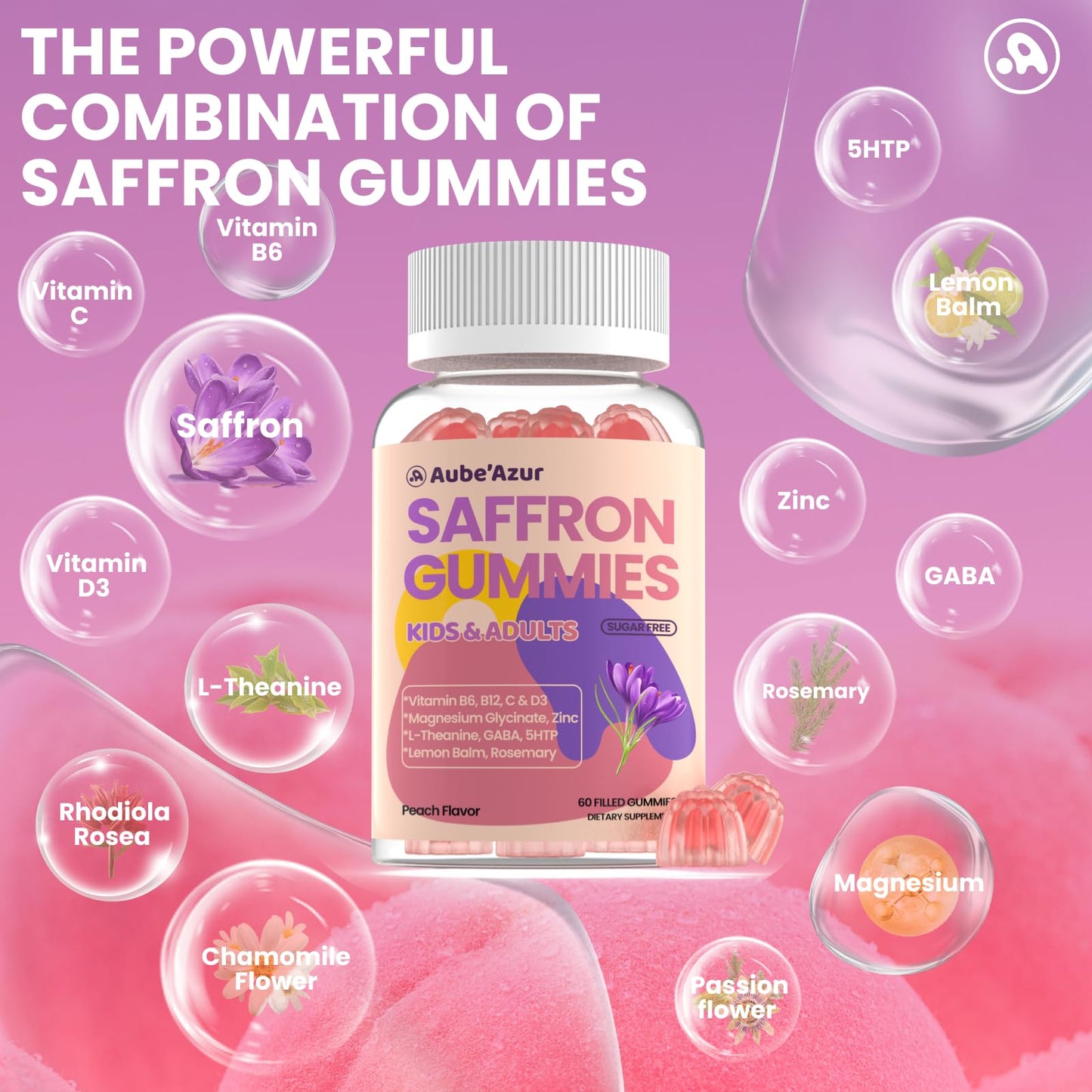 Aube'Azur Saffron Gummies for Kids, 15-in-1 Saffron Supplements, 60 Gummies