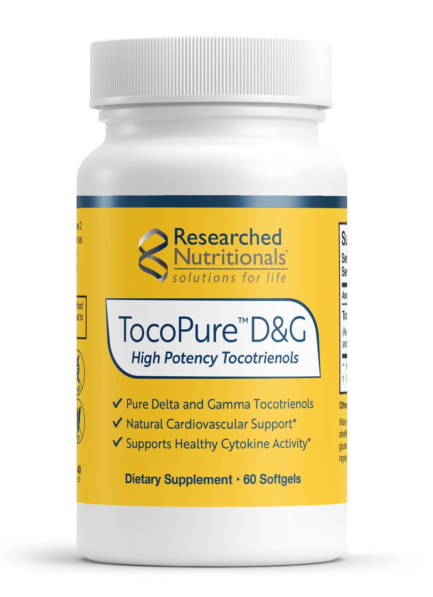 Researched Nutritionals TocoPure D&G Vitamin E Tocotrienols Annatto Tocotrienols Antioxidant Supplement with Delta + Gamma E for Heart Health, Lipid Metabolism & Cellular Support, 60 Softgels