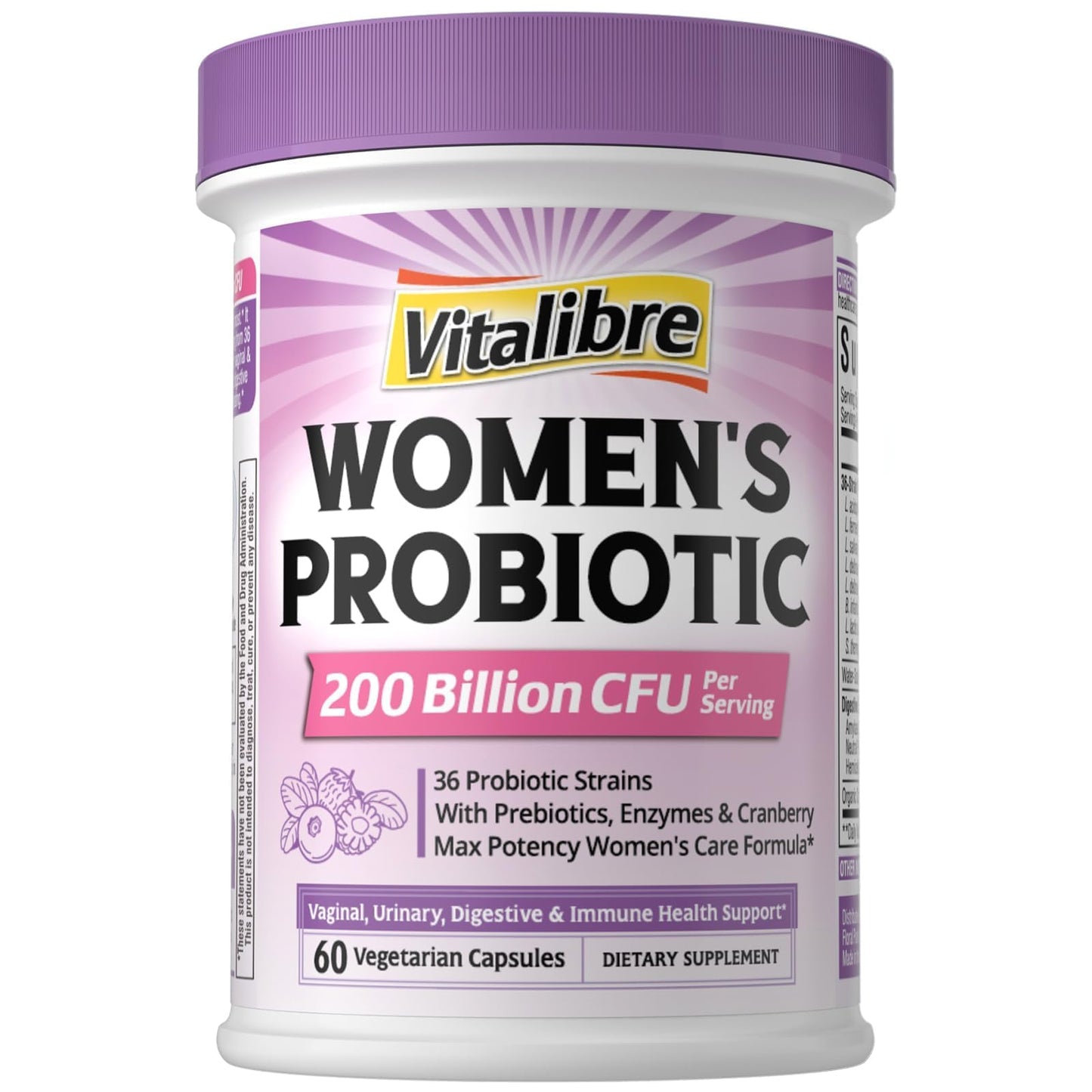 Vitalibre Probiotics for Women 200 Billion CFU, 36 Unique Strains with Cranberry Prebiotics & Digestive Enzymes, High Potency Vaginal Probiotics, Full-Spectrum Gut Health, 60 Vegan Capsules
