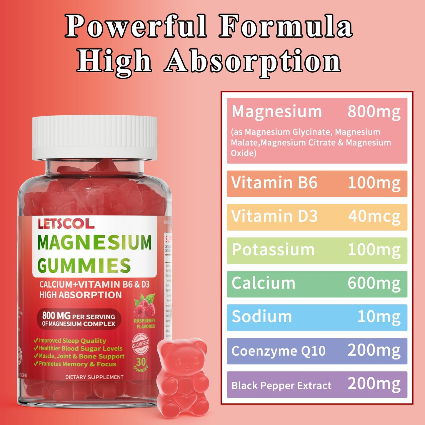 LETSCOL Magnesium Glycinate Gummies 800mg Per Serving, 30 Count