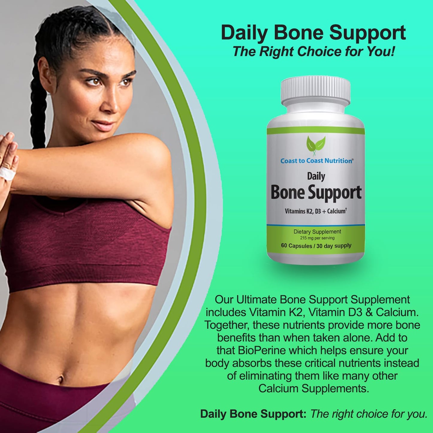 Coast to Coast Nutrition Daily Bone Support Calcium Supplement with Vitamin D3, K2 Capsules, 60 Count