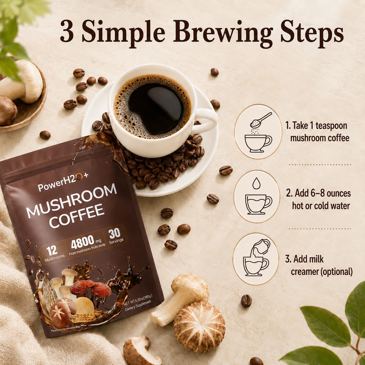 PowerH2O+ Mushroom Coffee 12 in 1 with 4800mg Lion's Mane, Reishi, Chaga, Cordyceps, Turkey Tail for Energy, Focus, Positive Mood & Immune Support Powder, 6.35 Ounce