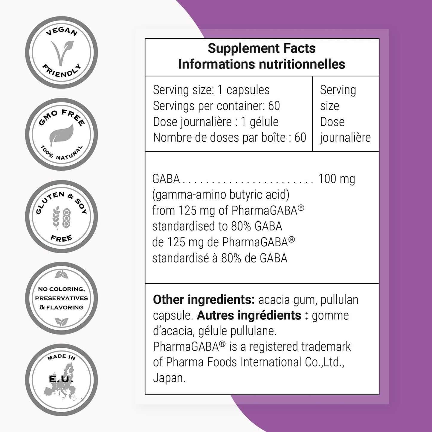 Supersmart Pharma GABA 125mg per Day (Patented & Highly Bioavailable) Natural Gamma Aminobutyric Acid GABA Supplement, Non-GMO & Gluten Free, 60 Vegetarian Capsules