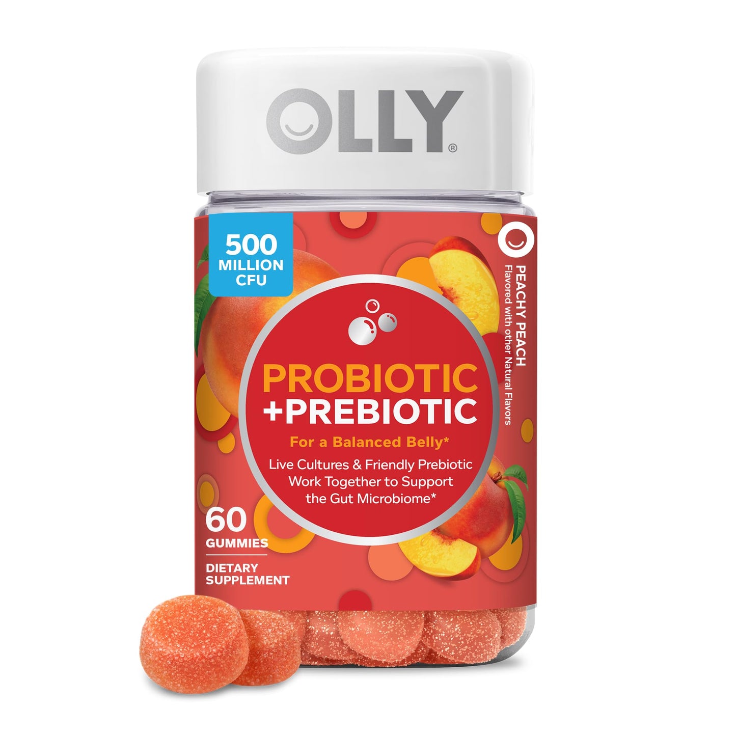 OLLY Probiotic + Prebiotic Gummy, Digestive Support and Gut Health, 500 Million CFUs, Peach, 60 Count