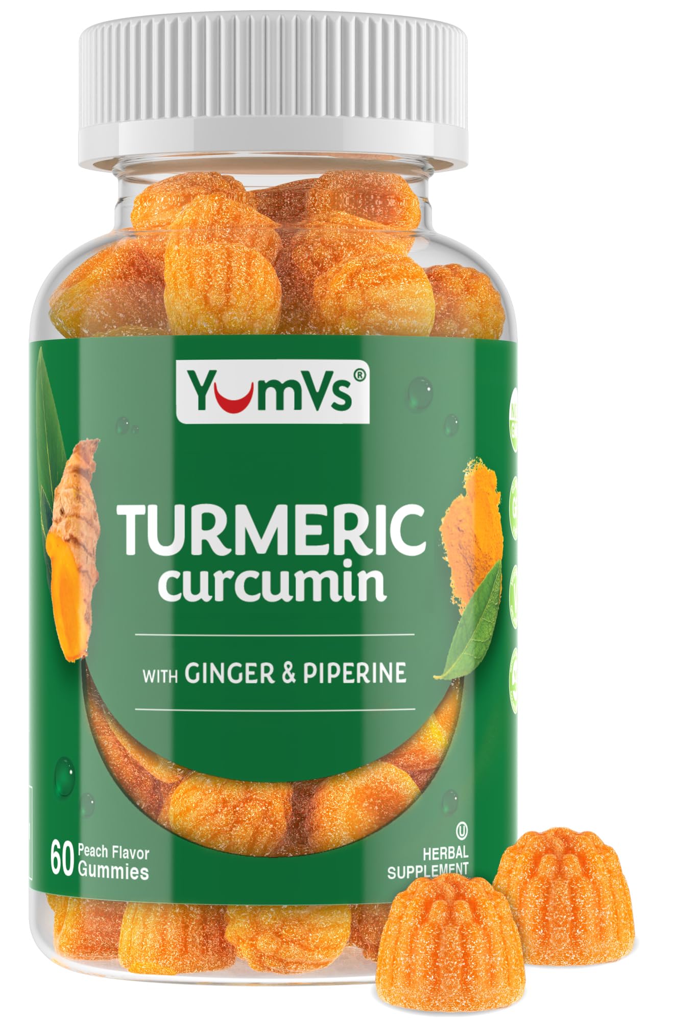 YUM-V'S Turmeric Gummies with Ginger and Piperine – Peach Flavor, 60 Gummies