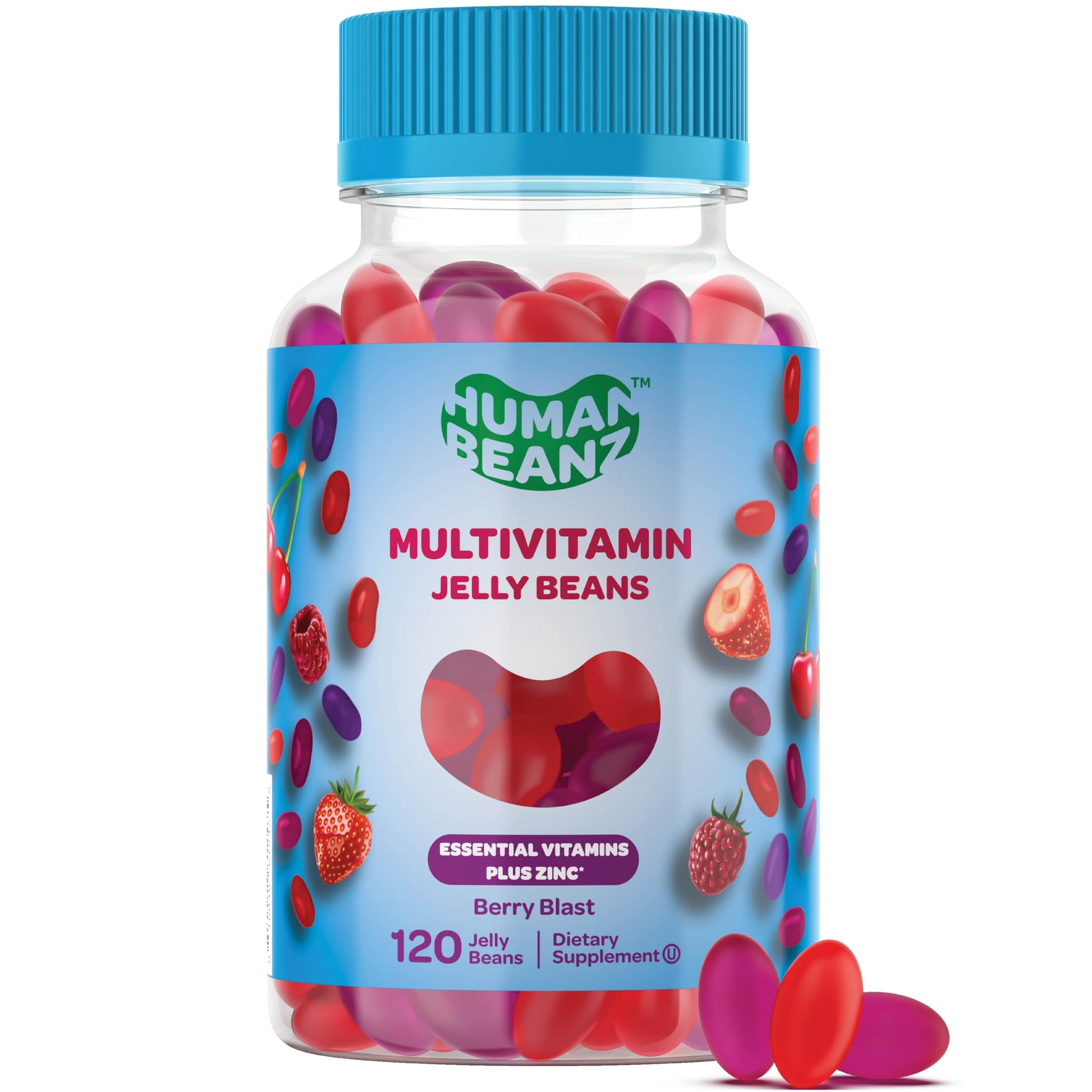 Human Beanz Multivitamin Jelly Bean Gummies with Zinc for Men and Women, Berry Blast Flavor, 120 Gummies