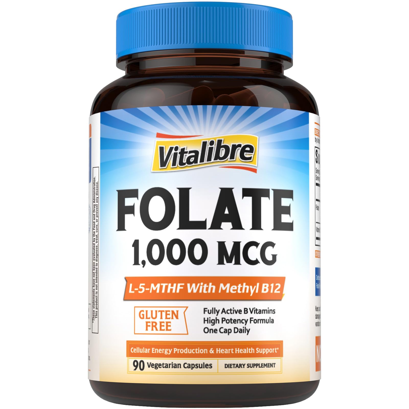 Vitalibre Methyl Folate 1000 mcg, L-5-MTHF with Methylcobalamin B12, Heart & Blood Health, Healthy Nervous System, Energy Support, Vegan, Bioactive Form, Best Absorption, 90 Capsules