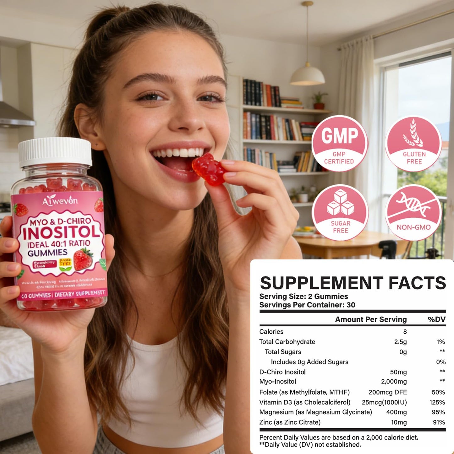 Aiwevon Myo-Inositol & D-Chiro Inositol Gummies 40:1 Ratio – Hormone Balance Supplement for Women – Ovarian & Fertility Support with Vitamins – Myo-Chiro Inositol Gummies for Women's Health, 60 Count
