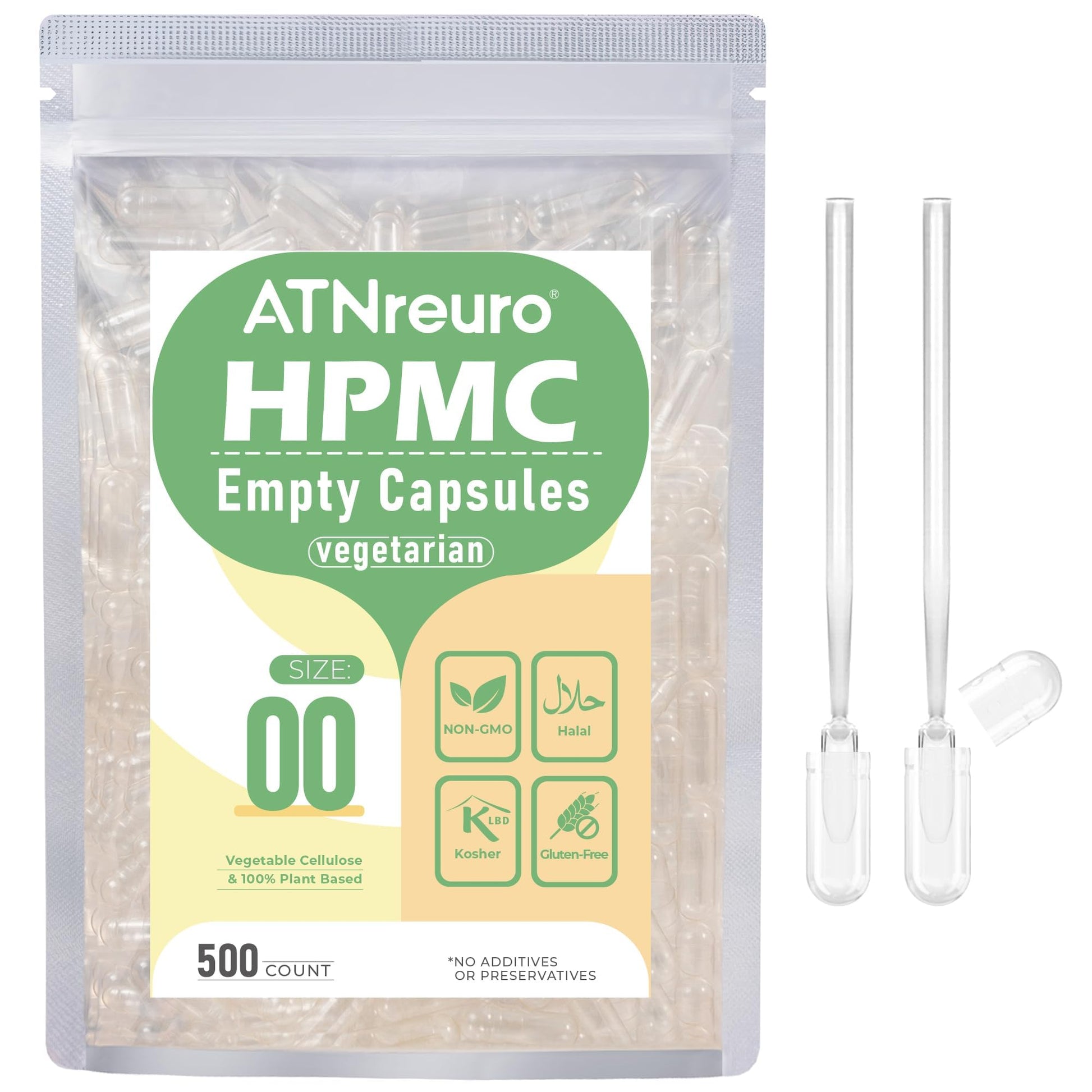 ATNreuro Empty Vegan Capsules with 2 Micro Spoons, 500 Capsules