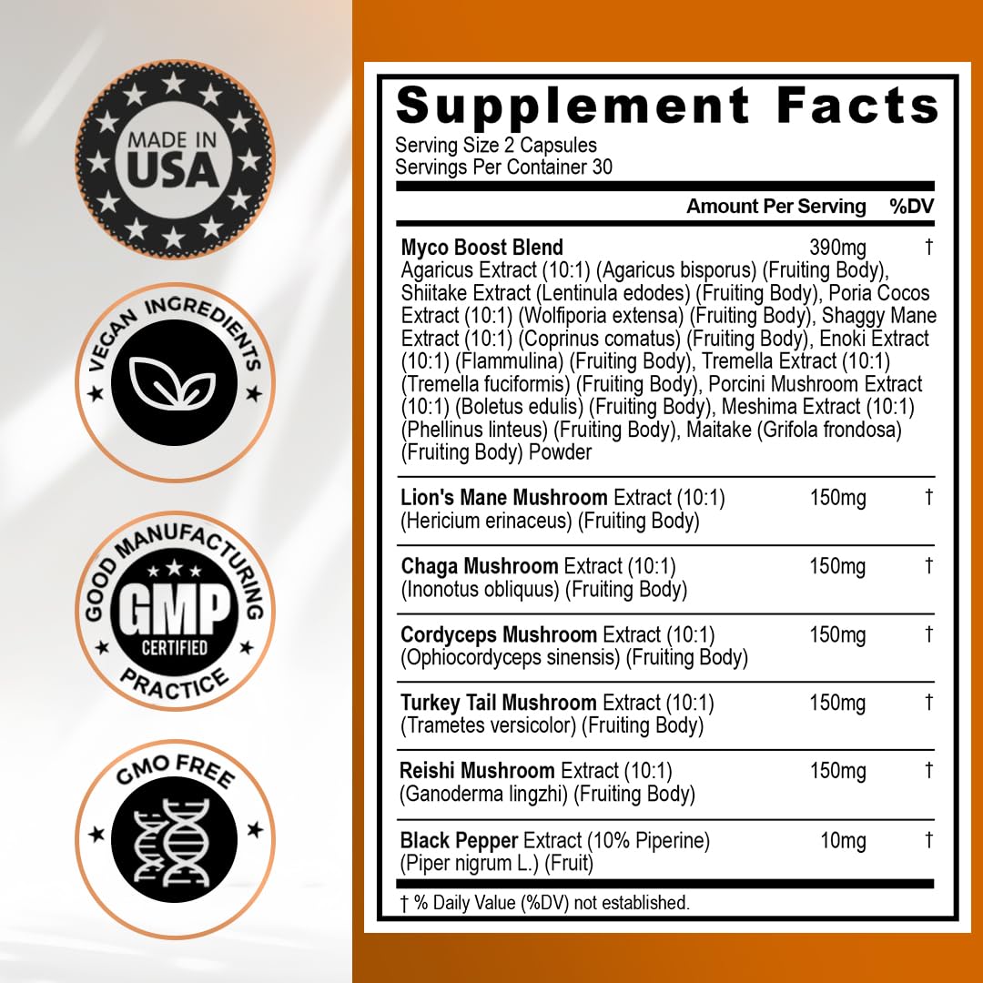 Vitamax Lions Mane Mushroom, Turkey Tail, Chaga & Reishi, Cordyceps, Shiitake, White Elm, King Trumpet, Nameko, Oyster, Porcini Focus & Energy Capsules, 120 Count