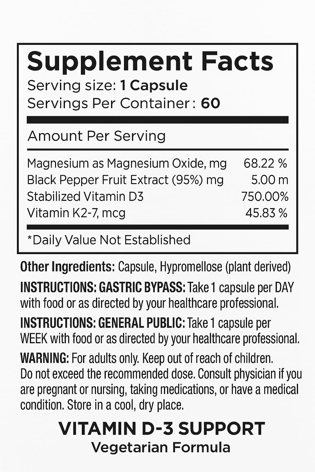 Vita4Life Vitamin D3 with K2 & Magnesium Capsules, 90 Count