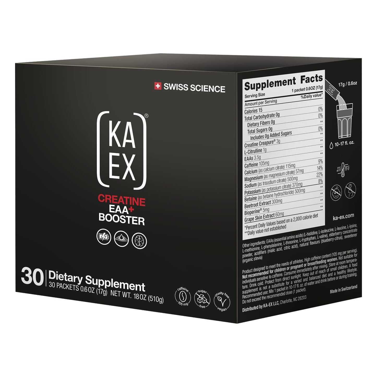 KA EX Sugar Free Creatine EAA+ Booster Powder - Creapure® Creatine, L‑Citrulline, Caffeine, Betaine, Beetroot, Electrolytes - Power, Endurance & Hydration - Pre‑ & Intra‑Workout Performance, 18 Servings