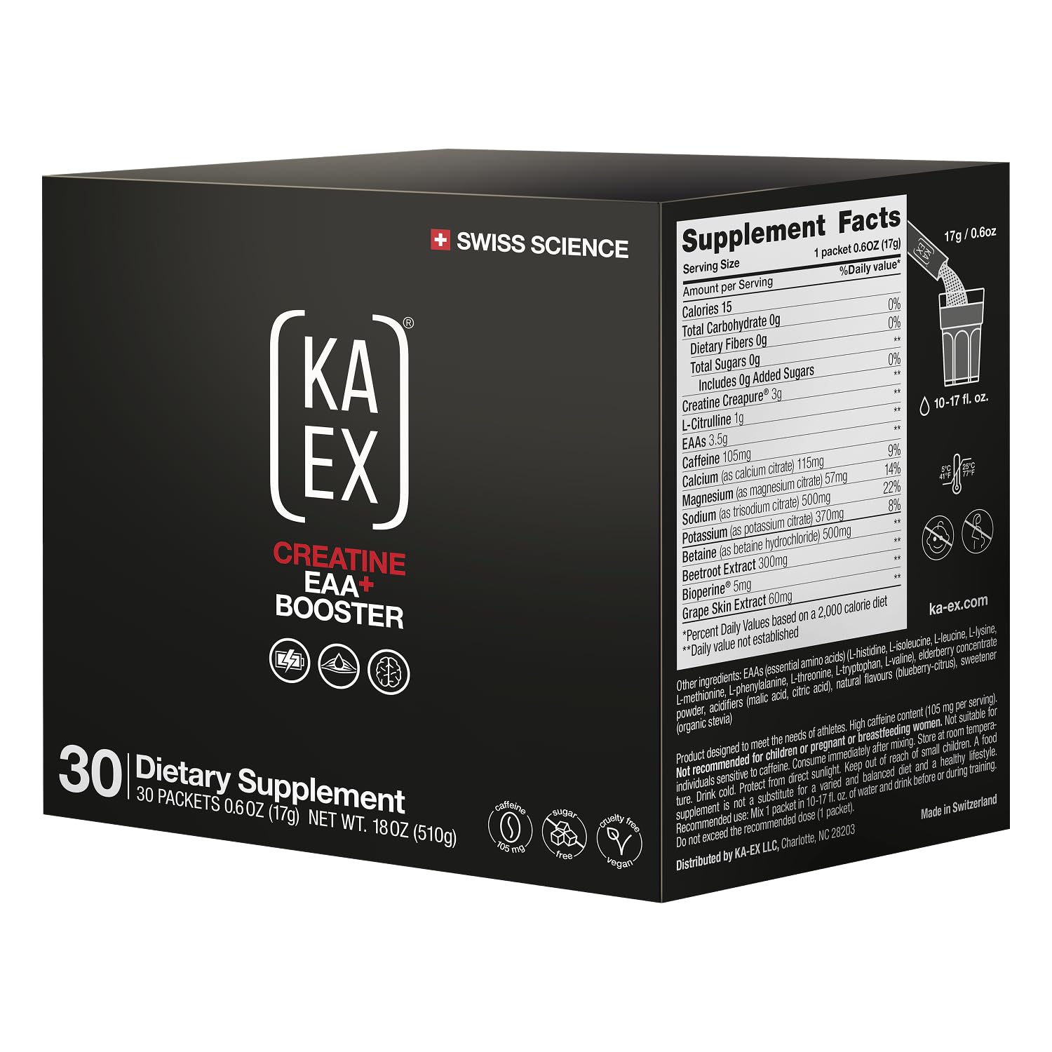 KA EX Sugar Free Creatine EAA+ Booster Powder - Creapure® Creatine, L‑Citrulline, Caffeine, Betaine, Beetroot, Electrolytes - Power, Endurance & Hydration - Pre‑ & Intra‑Workout Performance, 18 Servings