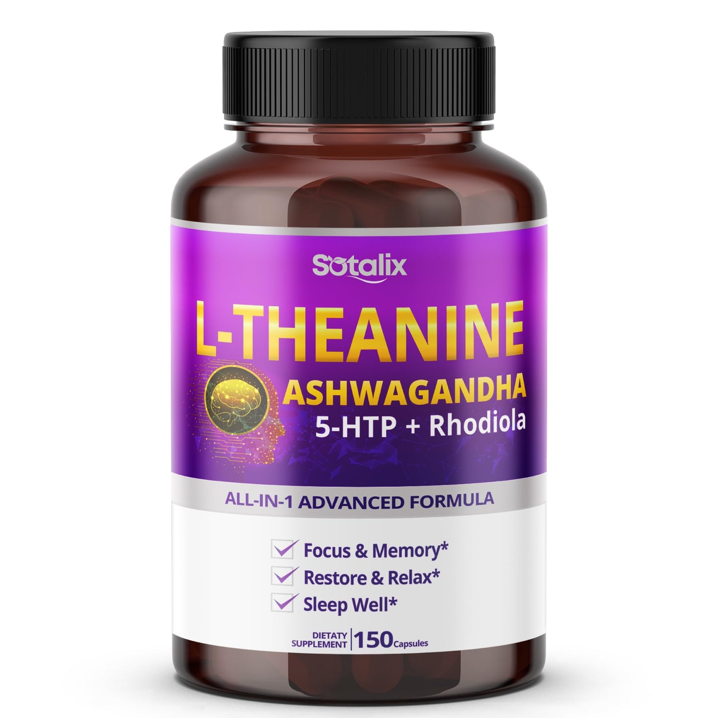Sotalix L-Theanine Supplement with Ashwagandha 5-HTP + Rhodiola Capsules, 150