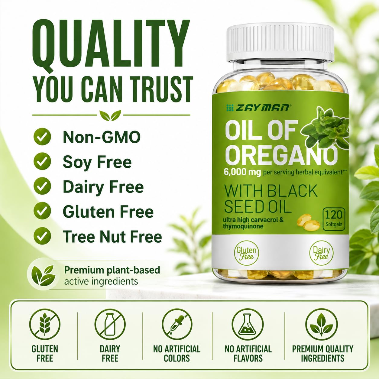 ZAYMAN Oil of Oregano Softgels 6000mg with Black Seed Oil 200mg, Non-GMO Plant-Based Carvacrol & Thymoquinone, 120 Softgels