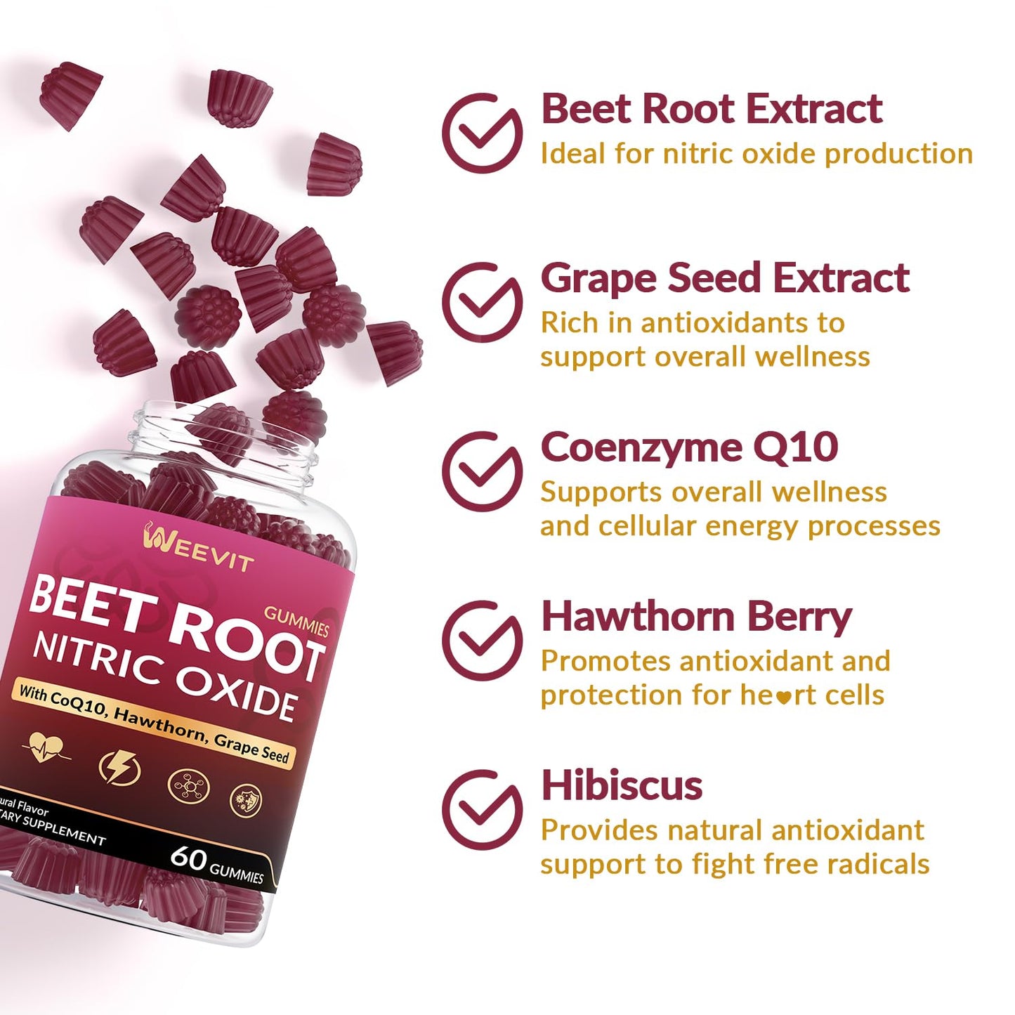 WEEVIT Beet Root Gummies with CoQ10, Grape Seed, Hawthorn, Hibiscus 60 Count