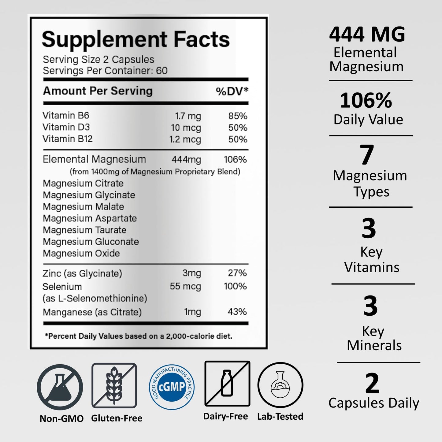 GLADTON Magnesium Glycinate Complex Supplement 444mg Capsule, 120 Count
