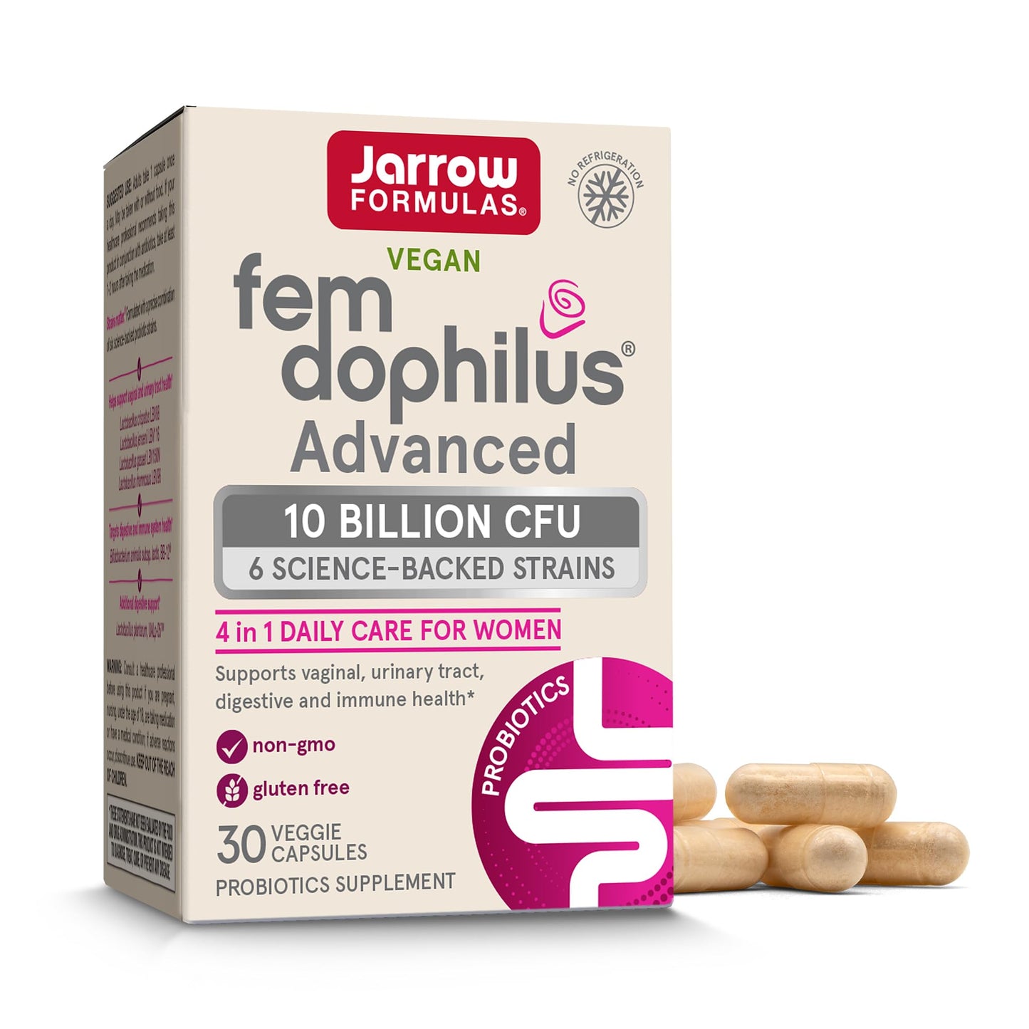 Jarrow Formulas Fem-Dophilus Advanced Vaginal & Digestive Probiotics 10 Billion CFU with 6 Science Backed Strains for Vaginal, Urinary Tract, Digestive & Immune Support, 30 Capsules