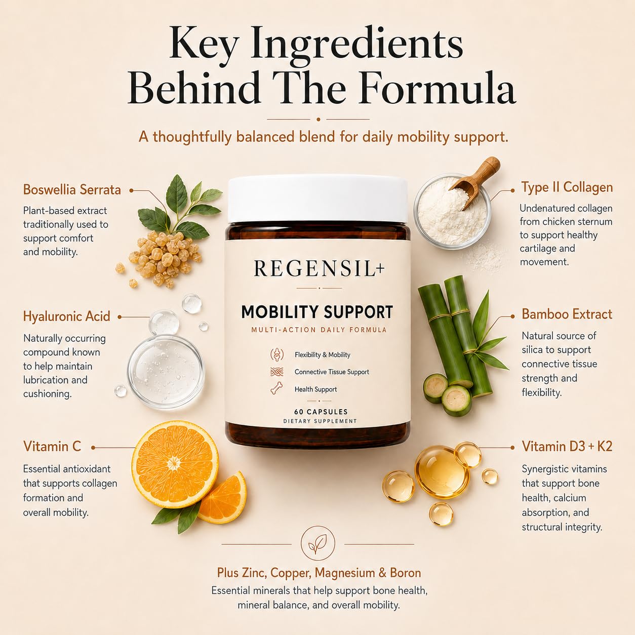 REGENSIL Bone and Joint Supplement Plus with Type II Collagen, Hyaluronic Acid, Vitamin D3 K2 Daily Formula for Flexibility 60 Capsules