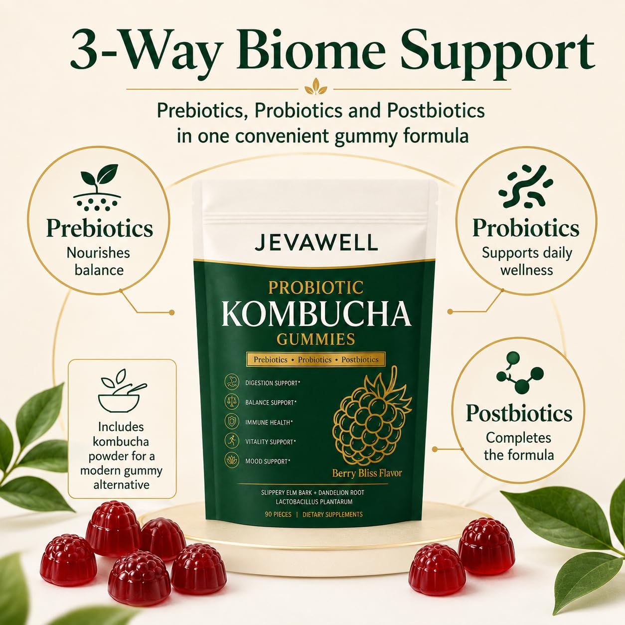 Pillow Daddy Jevawell Probiotic Kombucha Gummies, 90 Gummies