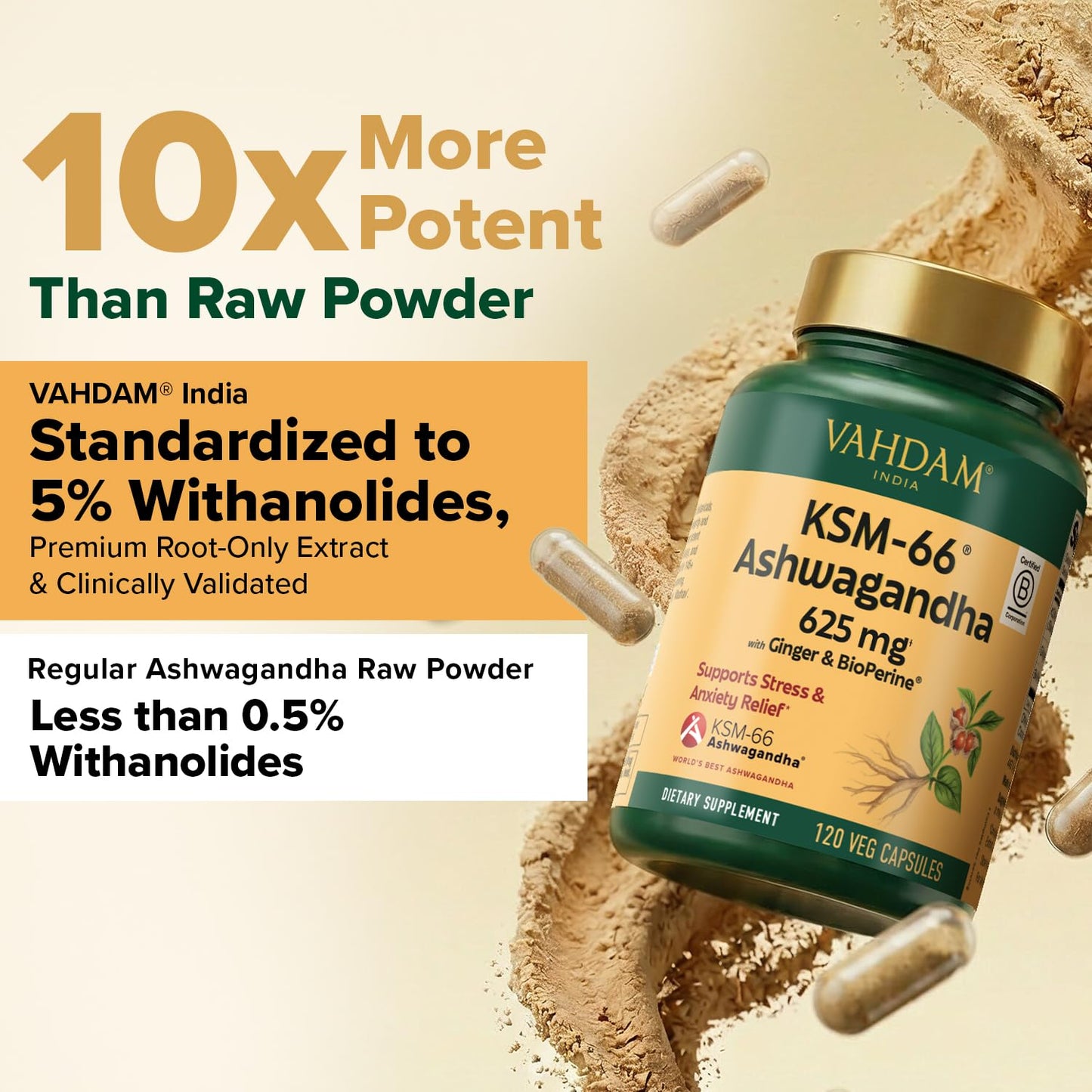 VAHDAM KSM-66 Ashwagandha 625 mg with Ginger & Piperine Capsule 120 Count