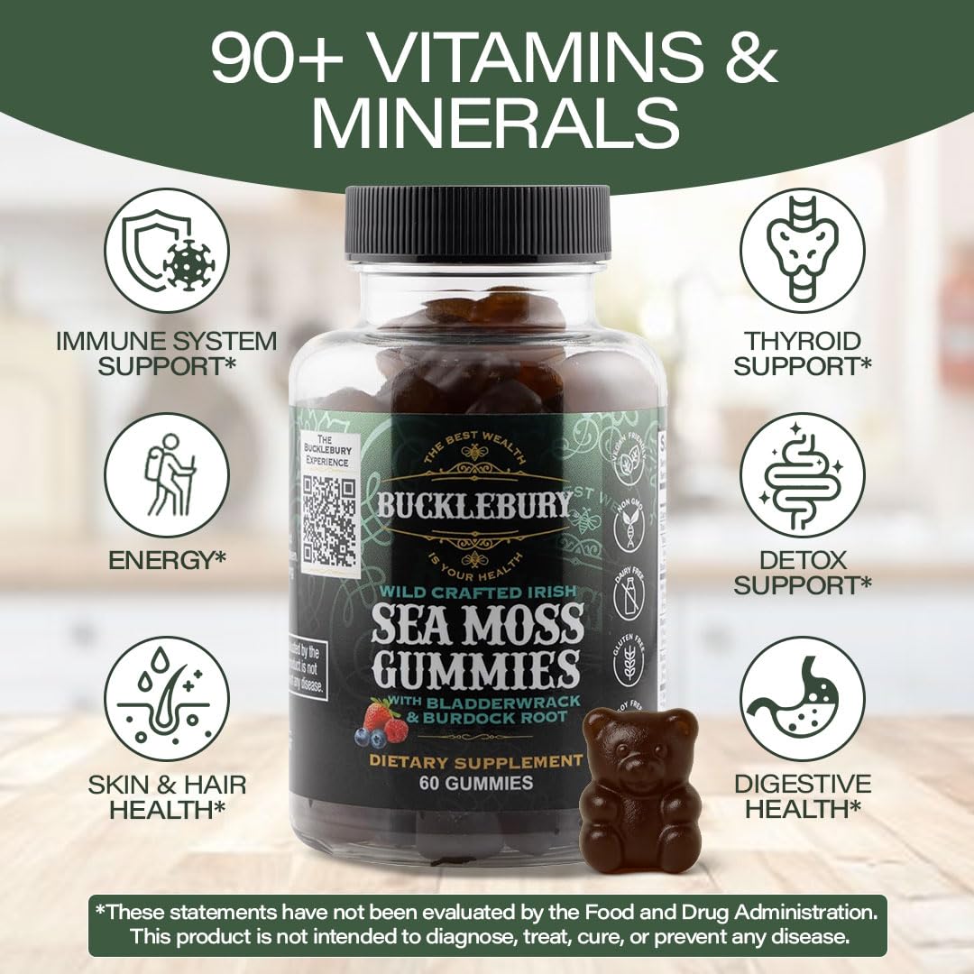 BUCKLEBURY Wild Crafted Irish Sea Moss Gummy with Bladderwrack & Burdock Root Multivitamin, Vegan 60 Count