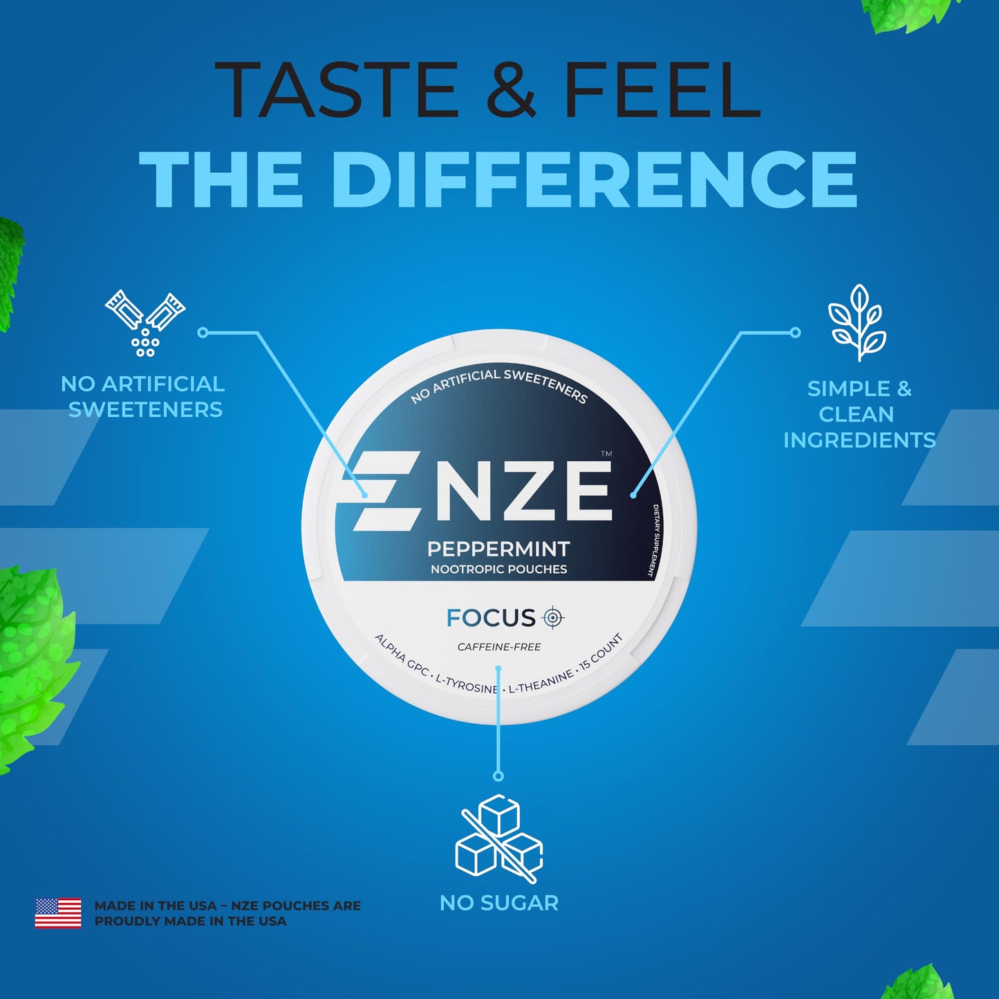 NZE Caffeine Free Nootropic Pouches (Peppermint) - Nootropic Pouches with Alpha GPC, L-Tyrosine & L-Theanine - No Sugar or Artificial Sweeteners - 5 Caplets