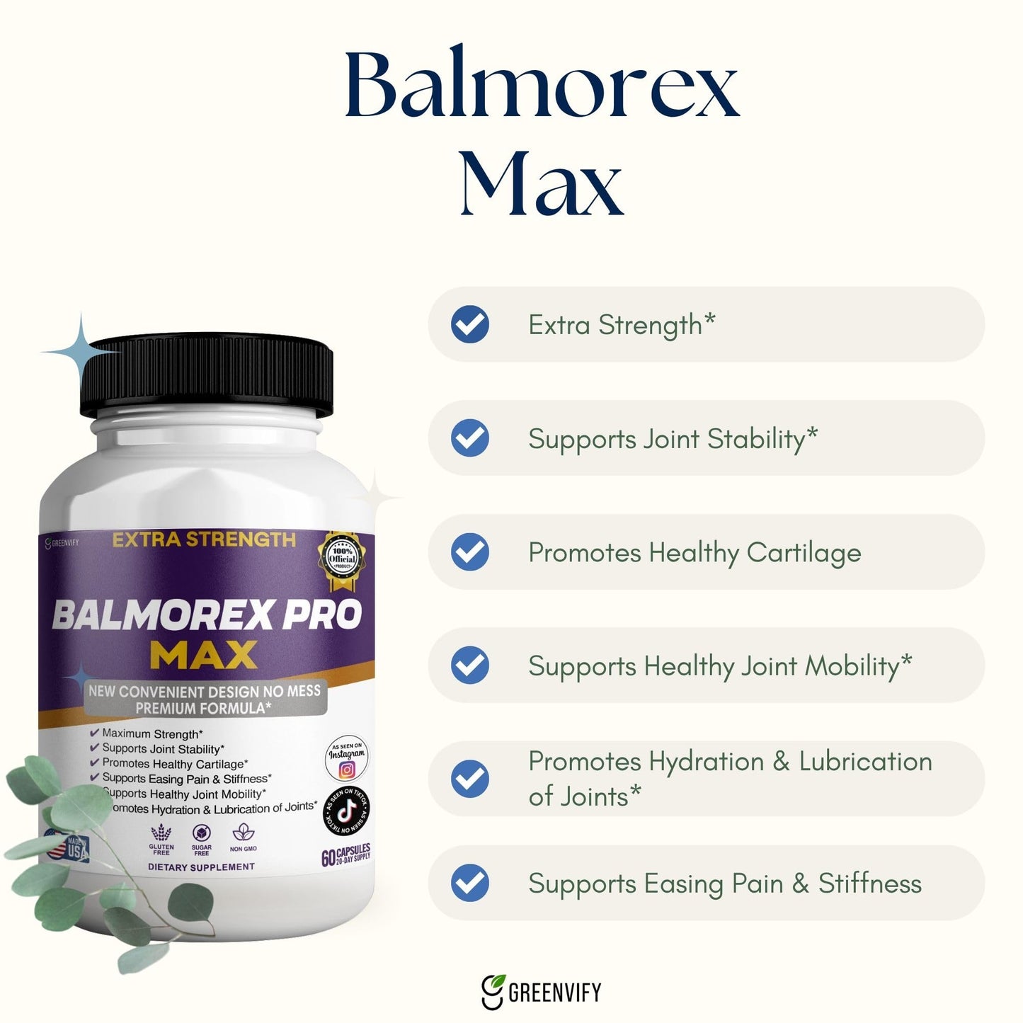 GREENVIFY Balmorex Pro Max Extra Strength Joint Support Supplement Capsules, 180 Count