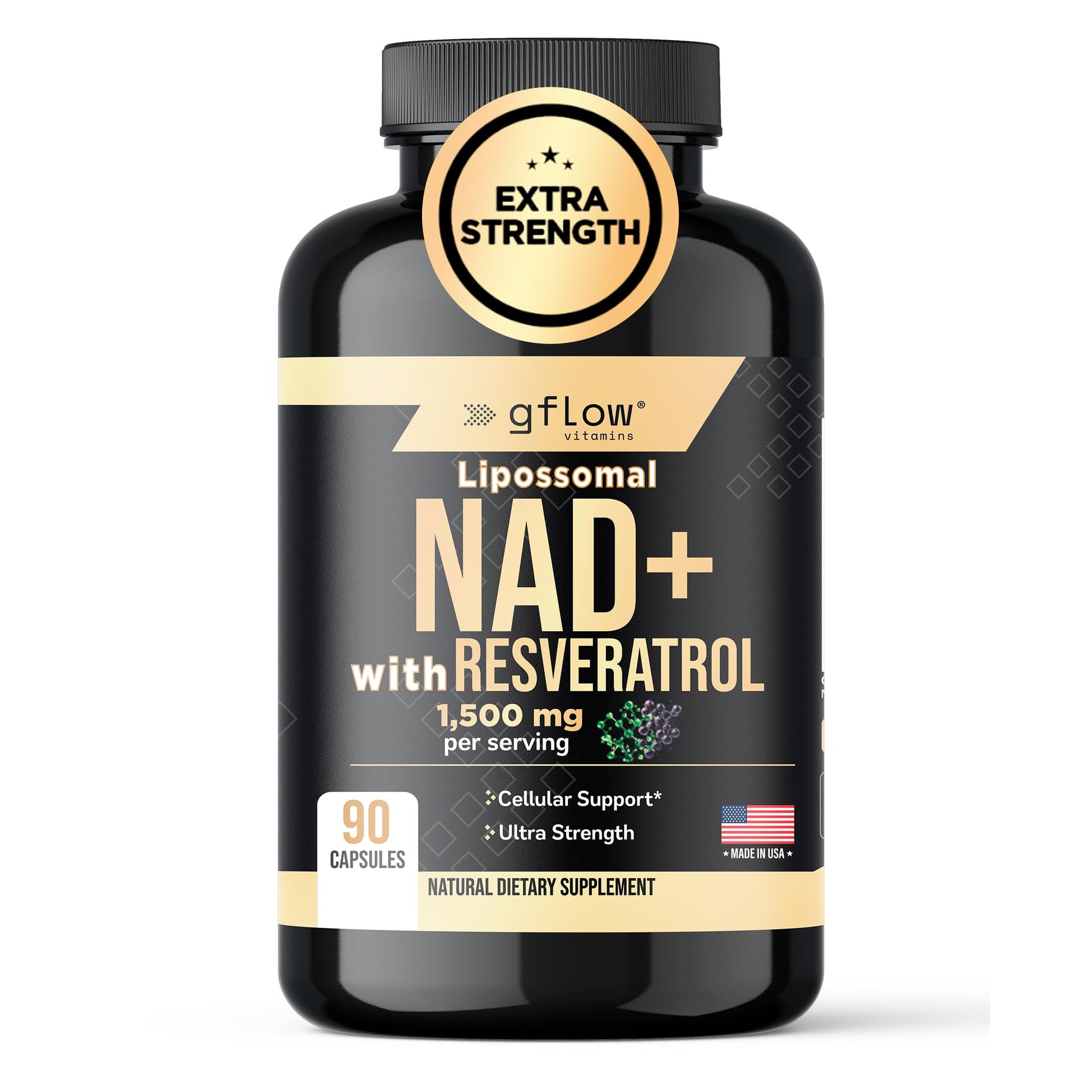 gflow vitamins NAD+ Supplement with Resveratrol Capsules, 90 Count