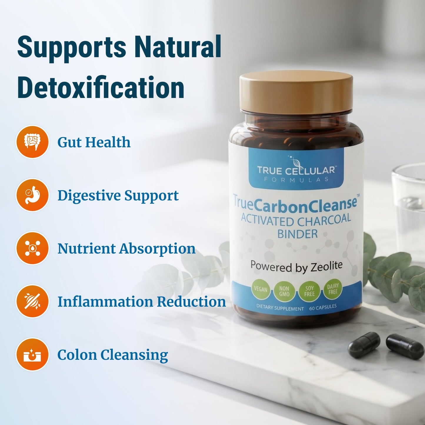 True Cellular Formulas Gut Detox & Liver Cleanse - Organic Activated Charcoal with Clinoptilolite Zeolite Binder - TrueCarbonCleanse Carbon Supplement 60 Capsules