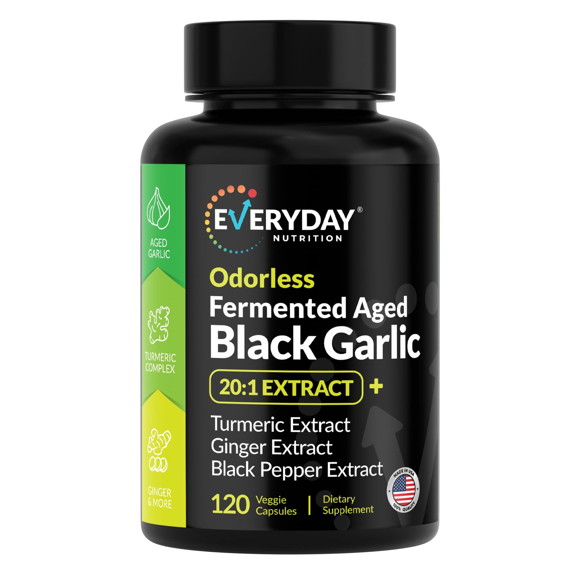 EVERYDAY NUTRITION Odorless Fermented Aged Black Garlic Extract with Turmeric Complex, Ginger, Black Pepper Extract 90 Capsules